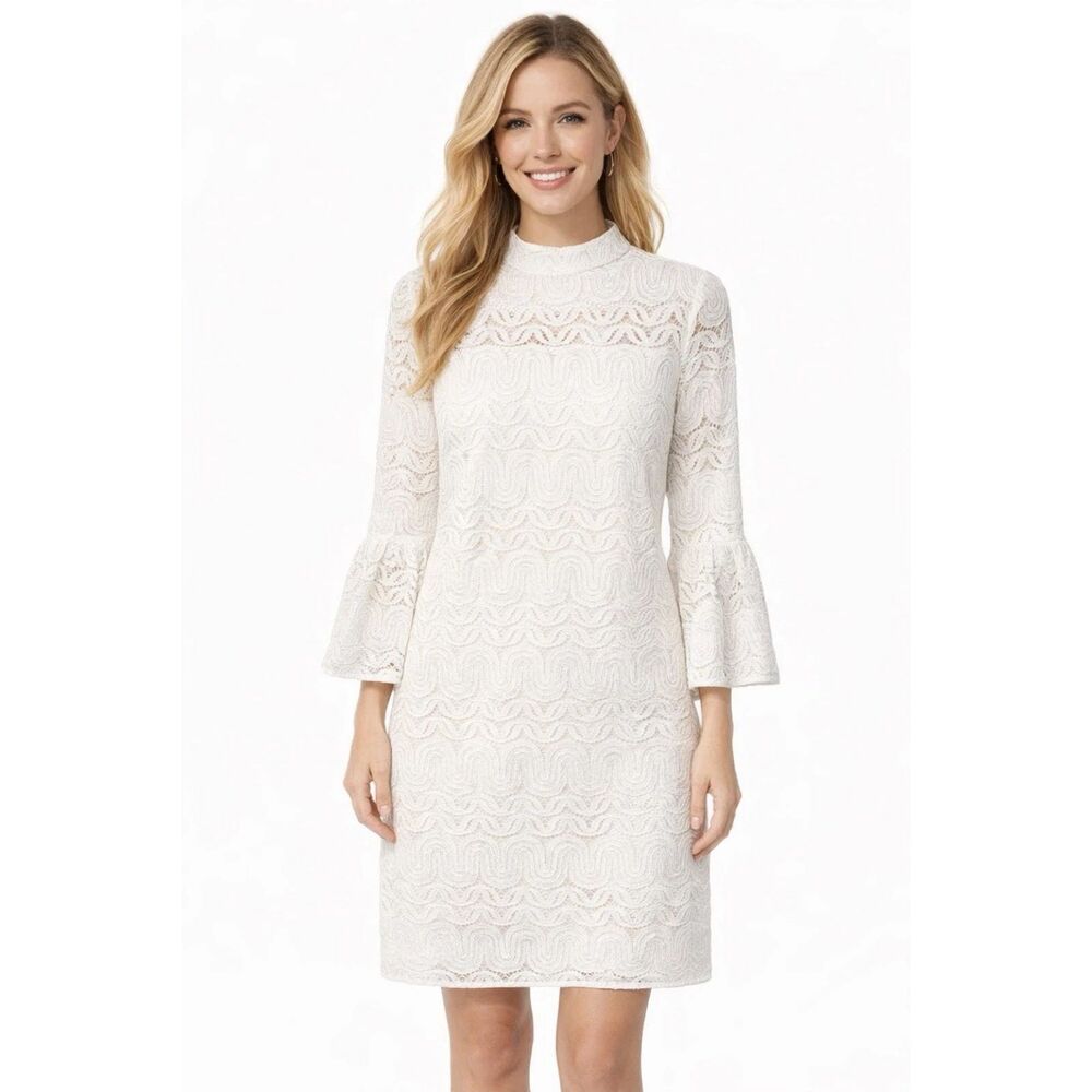 Trina Turk white lace shift dress womens 6  bell sleeve bridal shower retro New